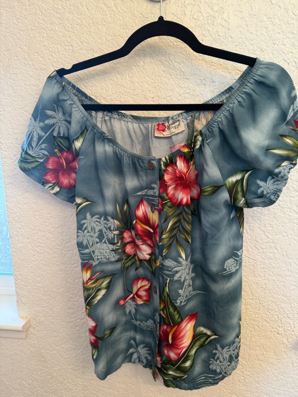 Hilo Hattie Hawaiian Tropical Blue Shoulder Blouse Vintage & Authentic Size XS - Picture 4 of 16